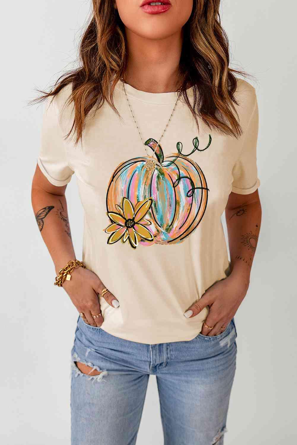 Get trendy with Pumpkin Graphic Round Neck T-Shirt - T-Shirt available at Styles Code. Grab yours today!