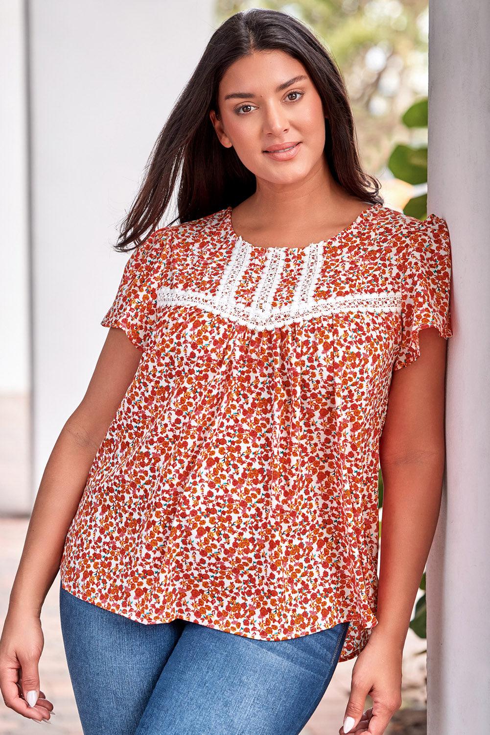 Get trendy with Plus Size Floral Lace Trim Round Neck Blouse - Plus Size available at Styles Code. Grab yours today!