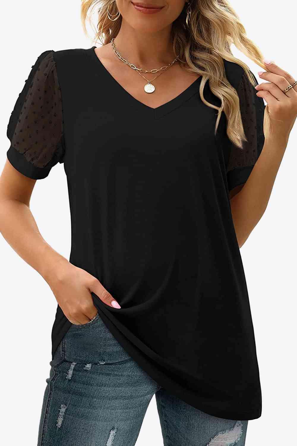 Get trendy with Swiss Dot Puff Sleeve V-Neck Tee - T-Shirt available at Styles Code. Grab yours today!