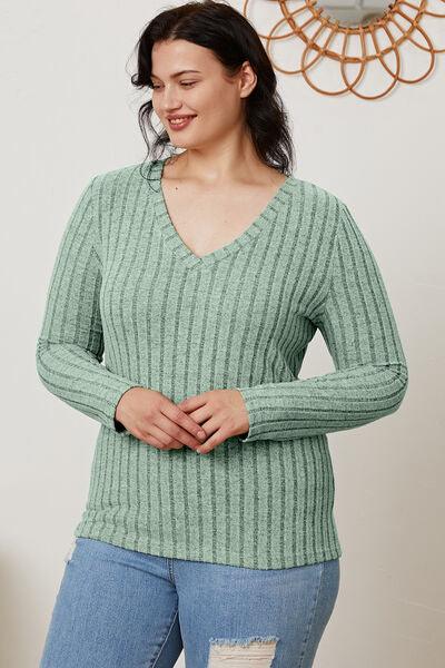 Get trendy with Full Size Ribbed V-Neck Long Sleeve T-Shirt - available at Styles Code. Grab yours today!