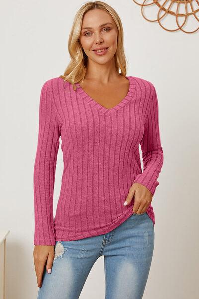 Get trendy with Full Size Ribbed V-Neck Long Sleeve T-Shirt - available at Styles Code. Grab yours today!