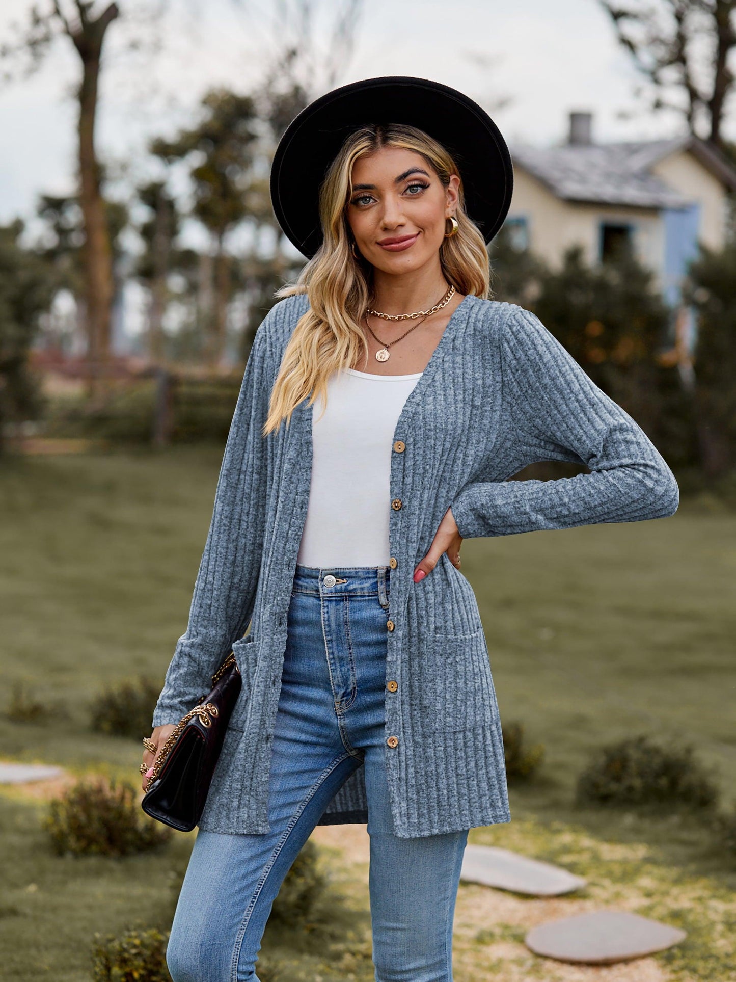 Get trendy with Ribbed Button-UP Cardigan with Pockets - Tops available at Styles Code. Grab yours today!