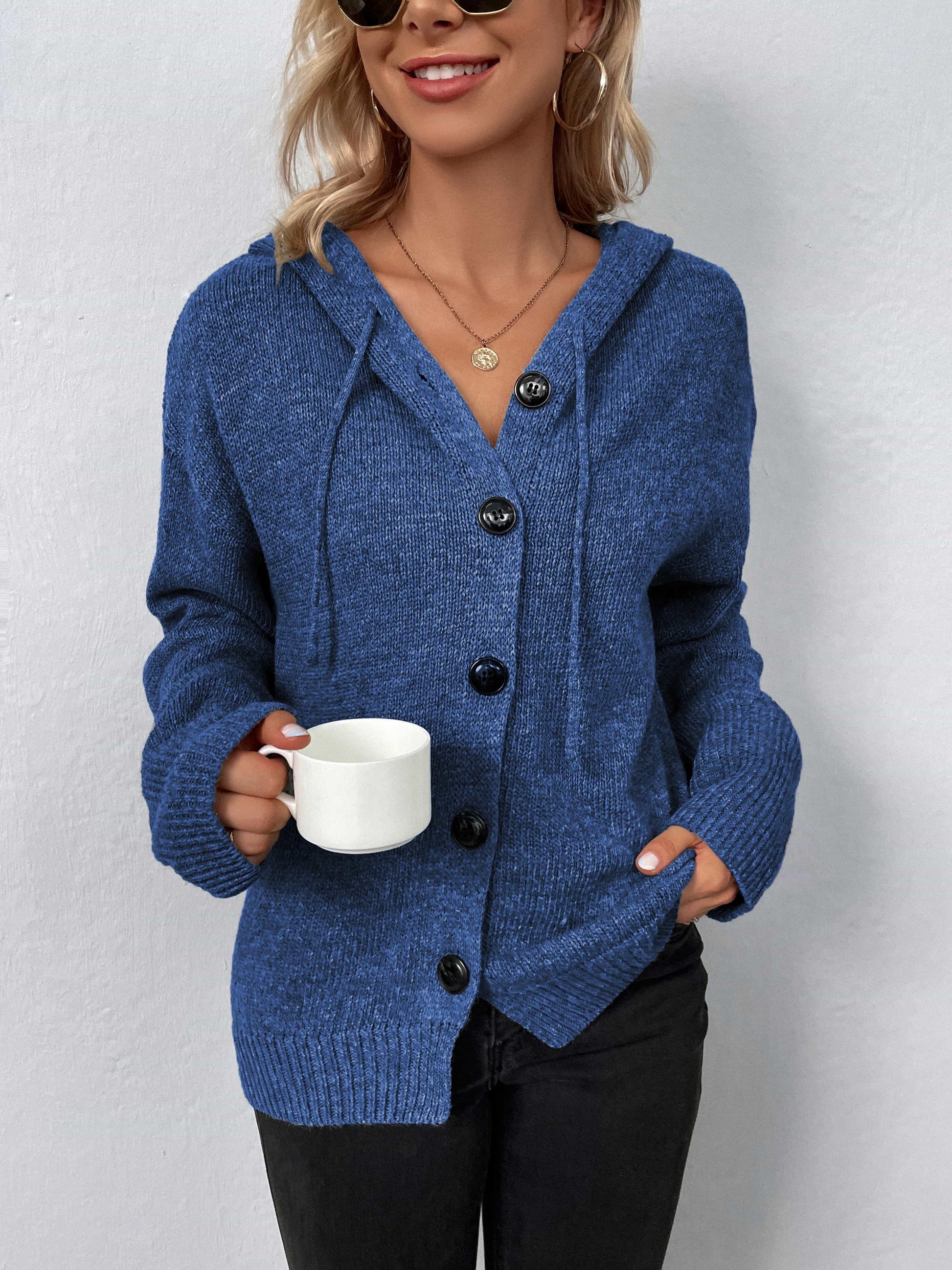 Get trendy with Button-Down Long Sleeve Hooded Sweater - Tops available at Styles Code. Grab yours today!