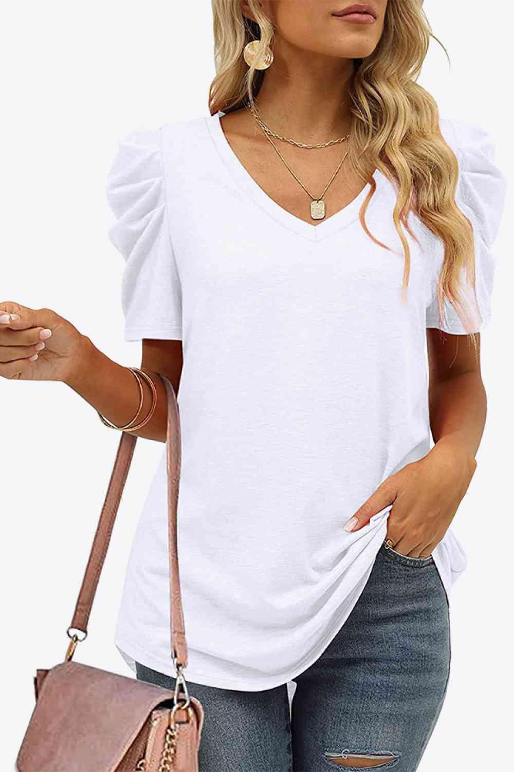 Get trendy with V-Neck Puff Sleeve Tee - T-Shirt available at Styles Code. Grab yours today!