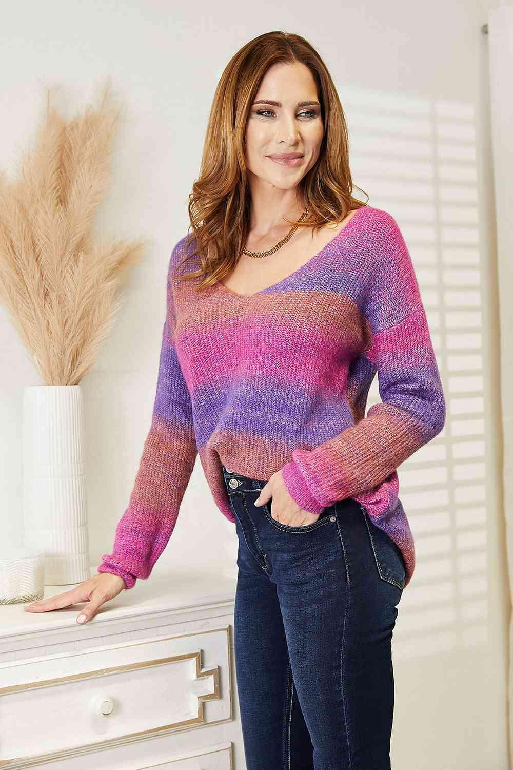 Get trendy with Multicolored Rib-Knit V-Neck Sweater - Sweater available at Styles Code. Grab yours today!