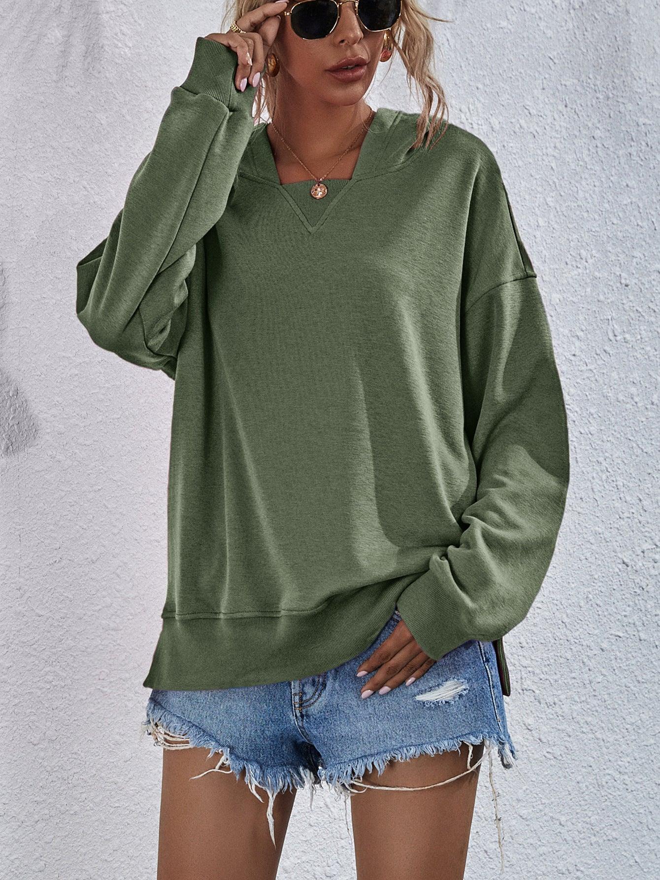 Get trendy with Dropped Shoulder Slit Hoodie - Tops available at Styles Code. Grab yours today!