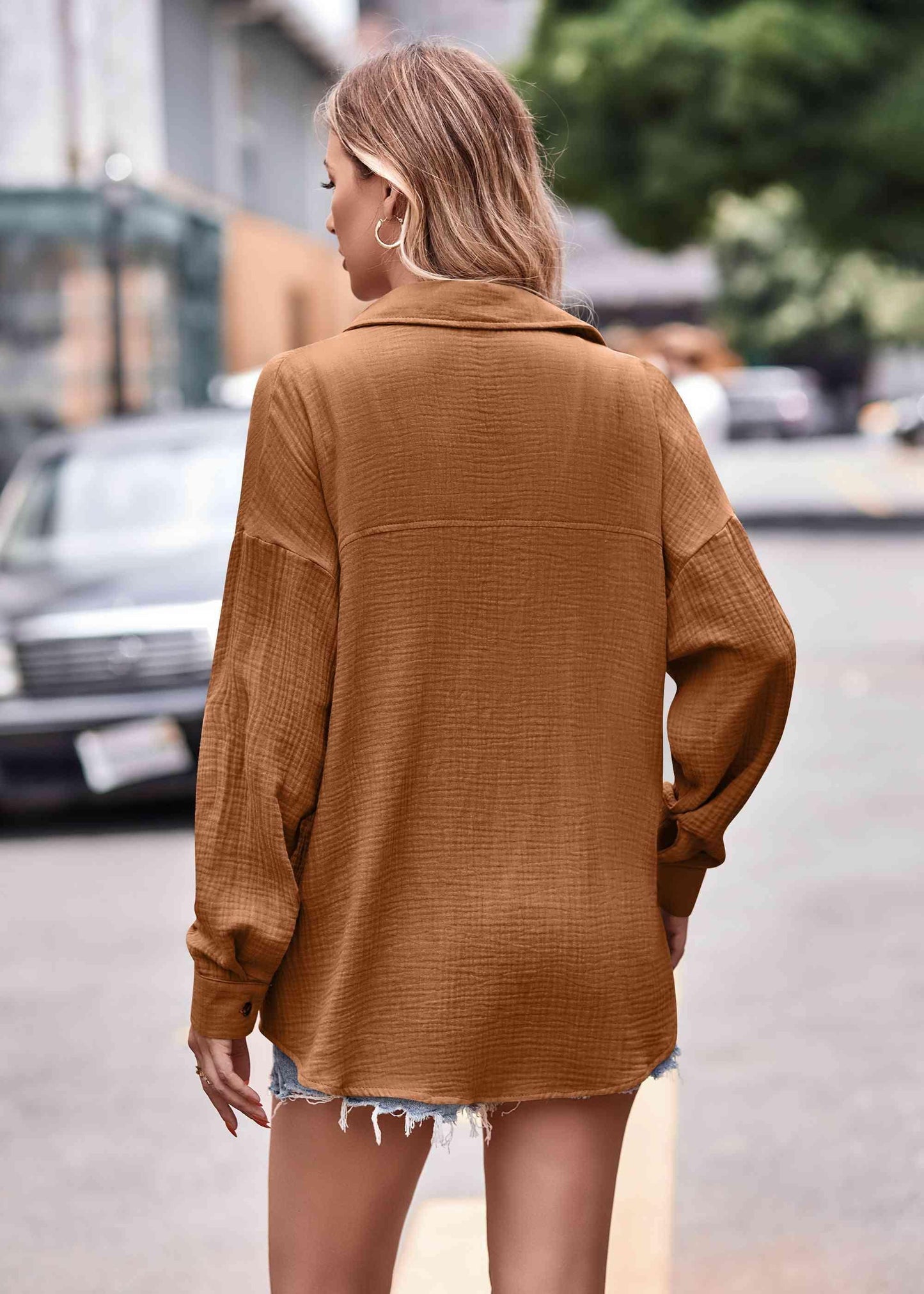 Get trendy with Textured Dropped Shoulder Longline Shirt - Shirt available at Styles Code. Grab yours today!