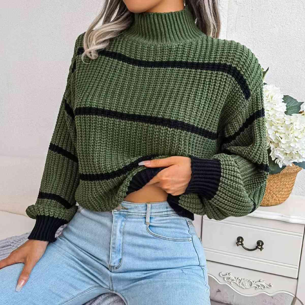 Get trendy with Striped Mock Neck Dropped Shoulder Sweater - Sweater available at Styles Code. Grab yours today!