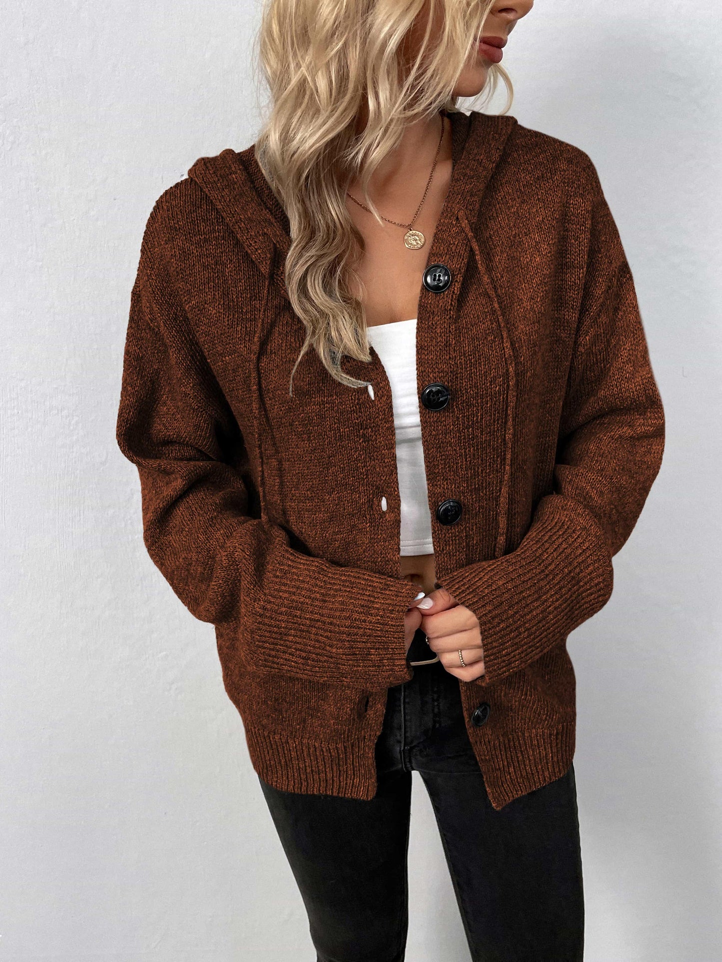 Get trendy with Button-Down Long Sleeve Hooded Sweater - Tops available at Styles Code. Grab yours today!