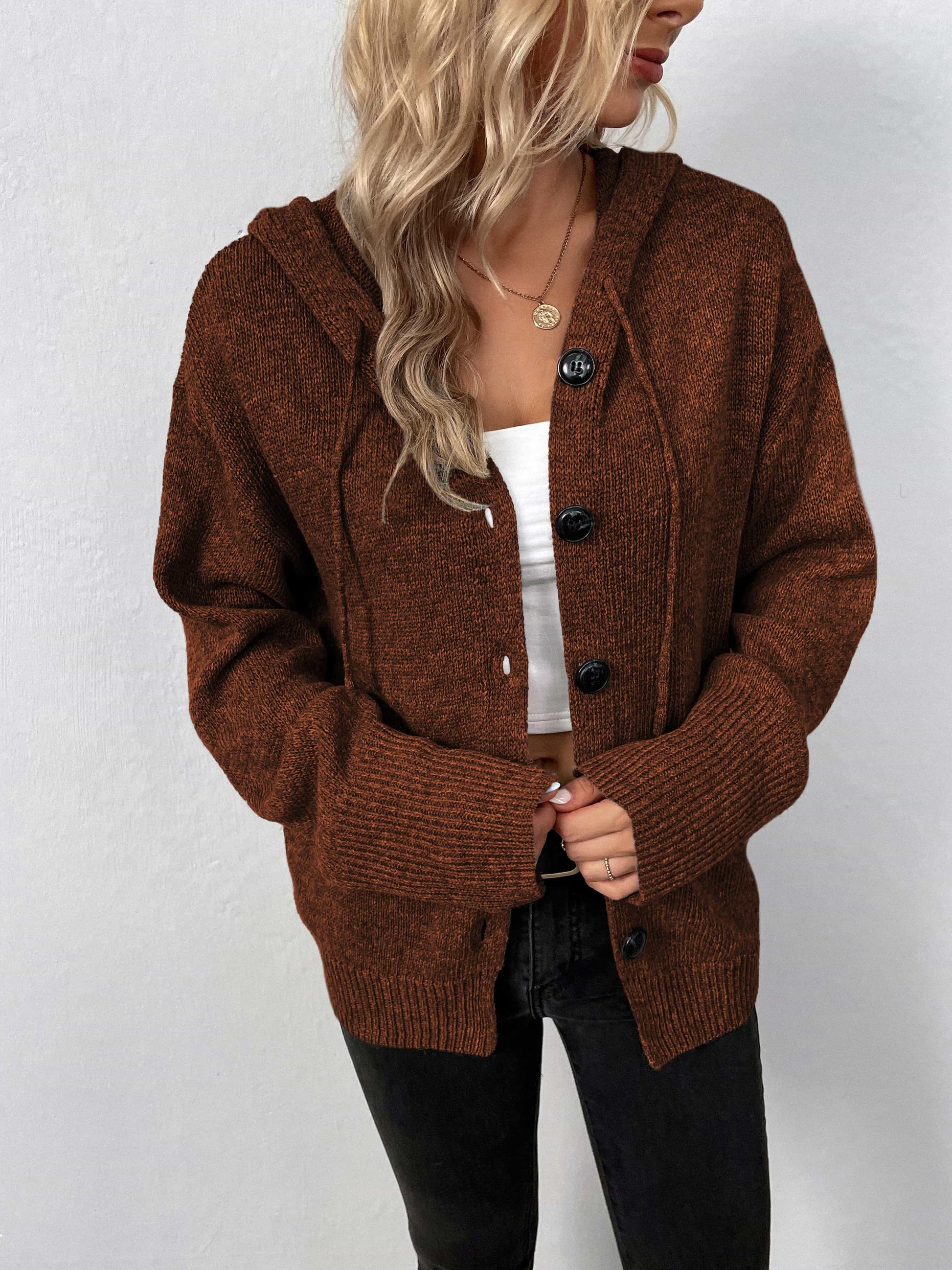 Get trendy with Button-Down Long Sleeve Hooded Sweater - Tops available at Styles Code. Grab yours today!