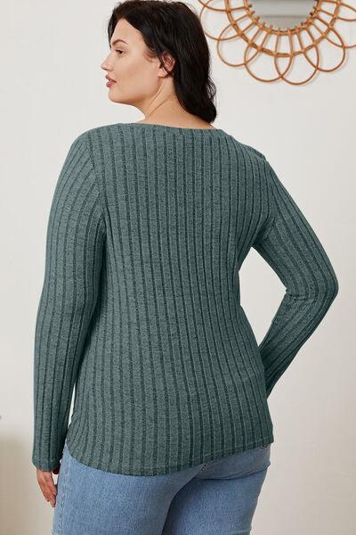 Get trendy with Full Size Ribbed V-Neck Long Sleeve T-Shirt - available at Styles Code. Grab yours today!