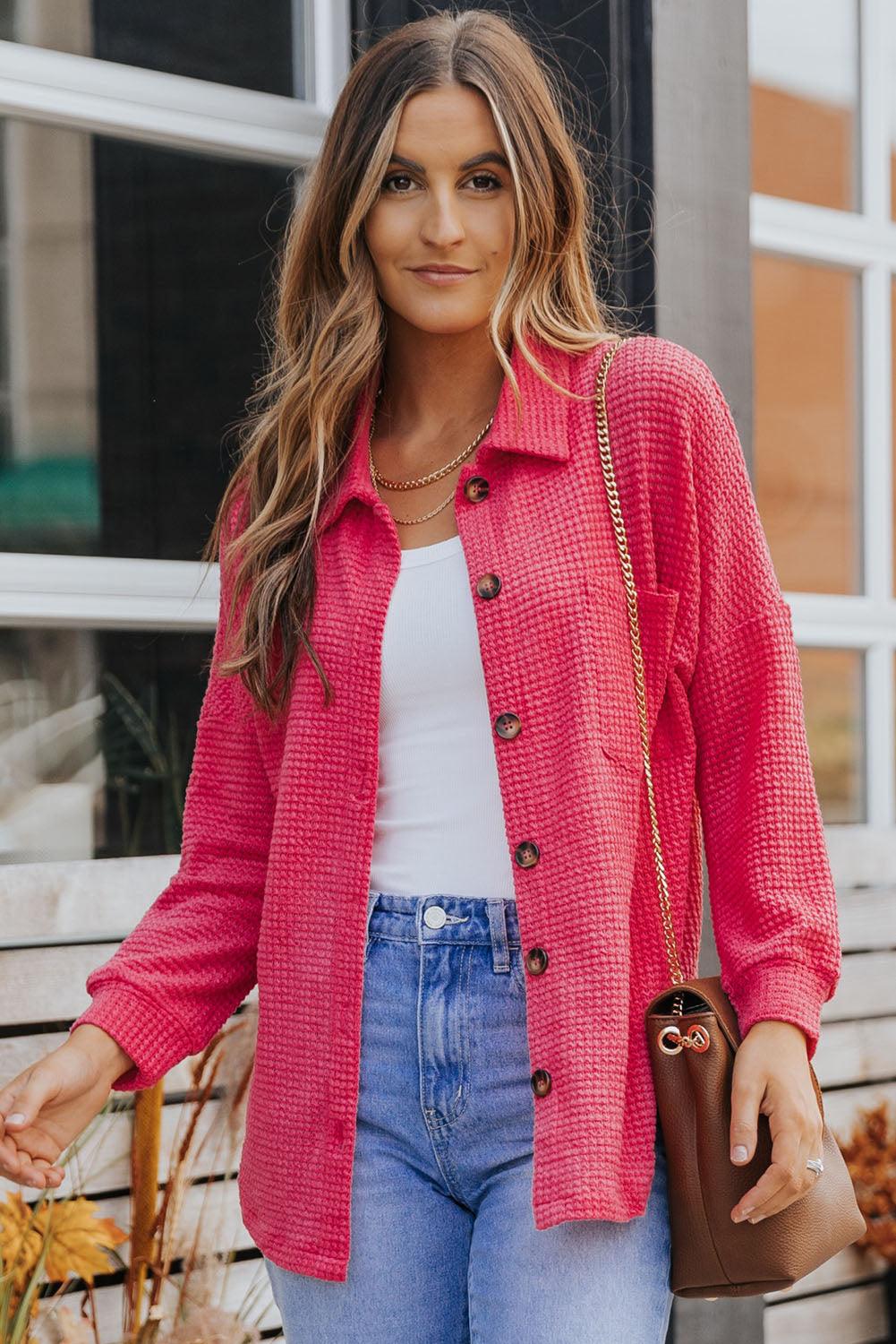 Get trendy with Waffle-Knit Collared Neck Dropped Shoulder Shirt - Tops available at Styles Code. Grab yours today!