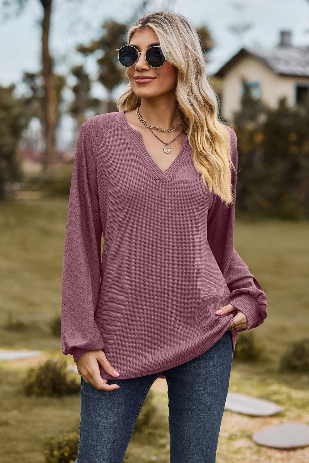 Get trendy with Notched Neck Raglan Sleeve Blouse - Tops available at Styles Code. Grab yours today!