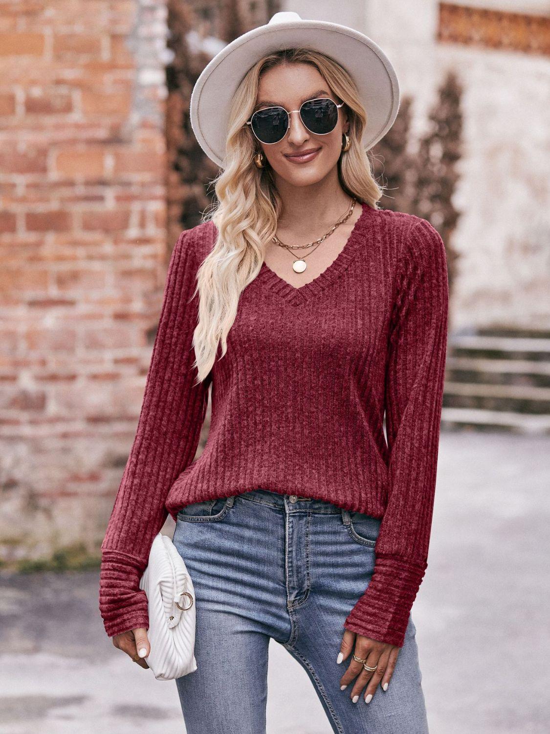 Get trendy with V-Neck Long Sleeve Ribbed Top - Tops available at Styles Code. Grab yours today!