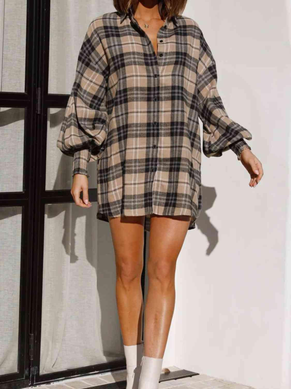 Get trendy with Plaid Lantern Sleeve Shirt - Shirt available at Styles Code. Grab yours today!