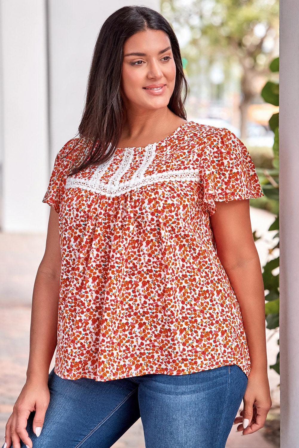 Get trendy with Plus Size Floral Lace Trim Round Neck Blouse - Plus Size available at Styles Code. Grab yours today!