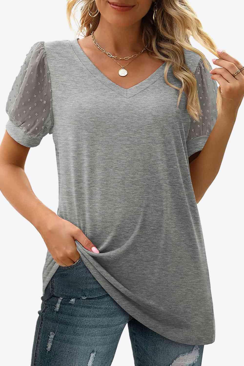 Get trendy with Swiss Dot Puff Sleeve V-Neck Tee - T-Shirt available at Styles Code. Grab yours today!