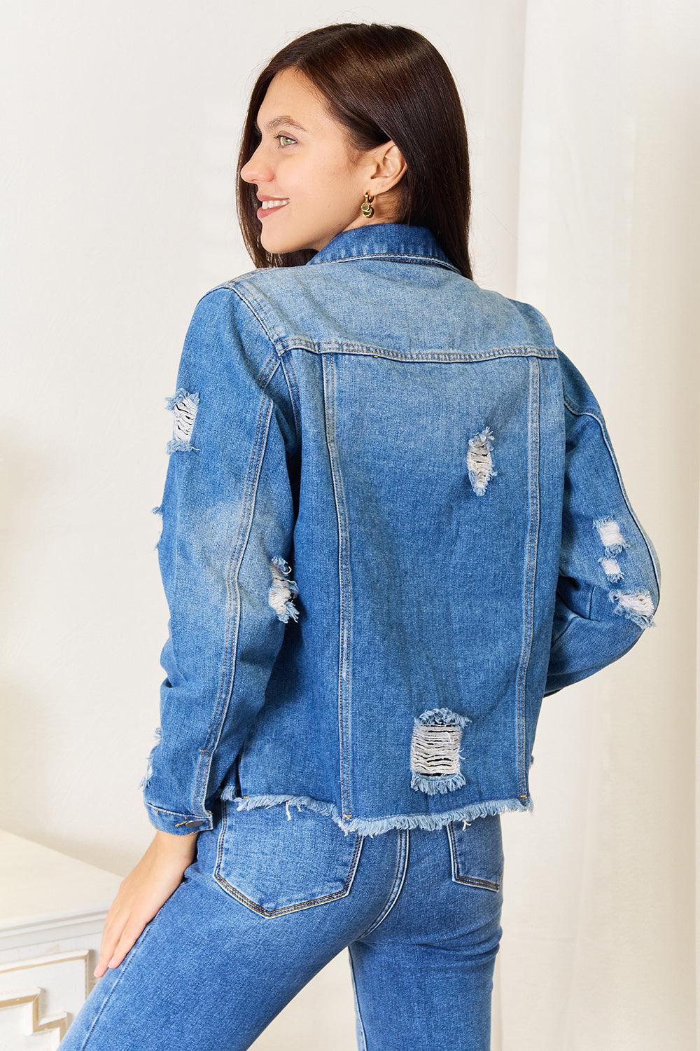 Get trendy with Floral Distressed Denim Jacket - Denim Jacket available at Styles Code. Grab yours today!