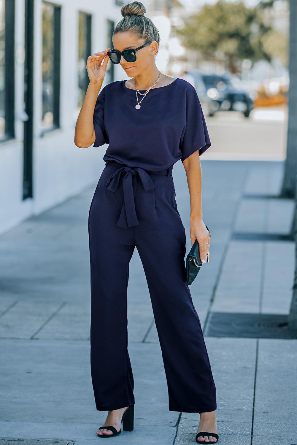 Get trendy with Full Size Tie Waist Straight Leg Jumpsuit - Jumpsuits available at Styles Code. Grab yours today!