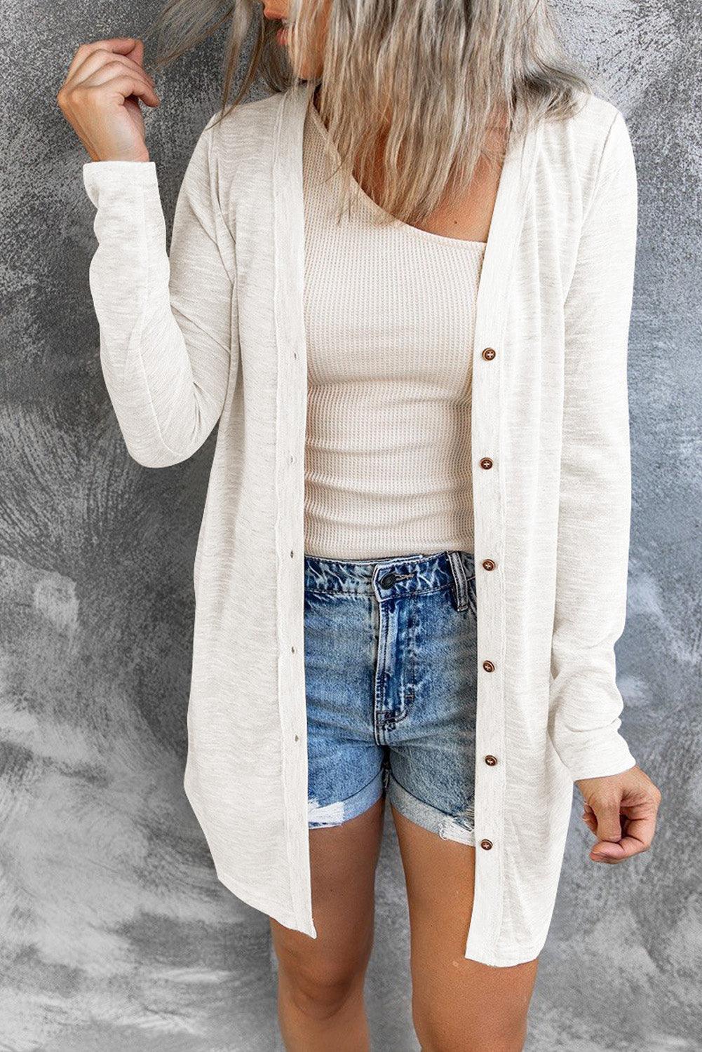 Get trendy with Button Down Long Sleeve Cardigan - Tops available at Styles Code. Grab yours today!