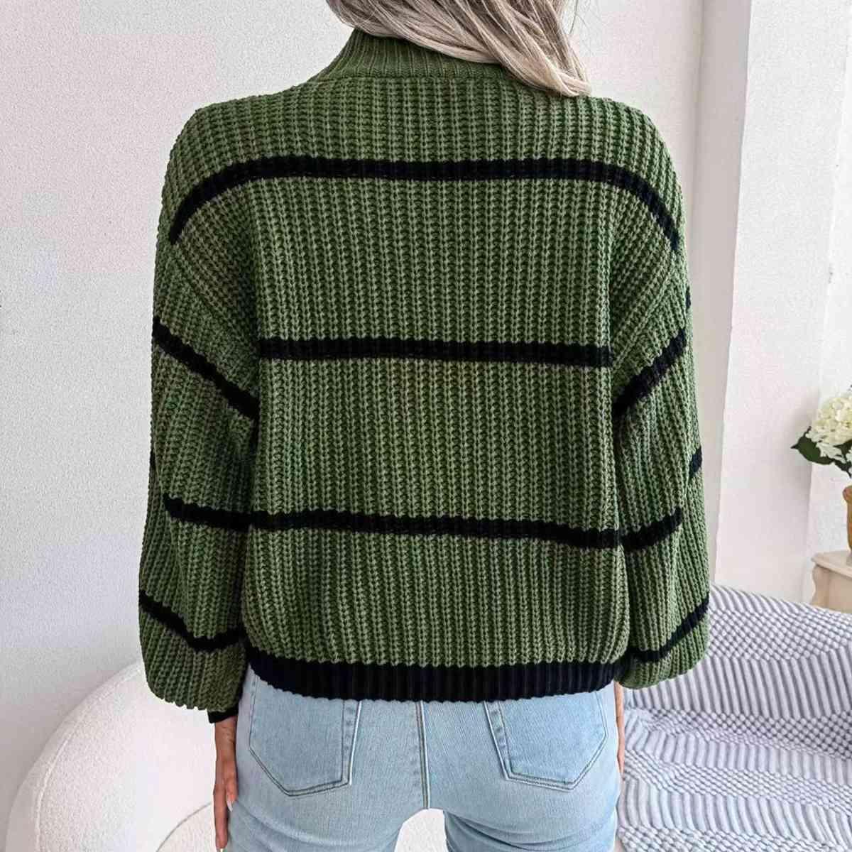 Get trendy with Striped Mock Neck Dropped Shoulder Sweater - Sweater available at Styles Code. Grab yours today!