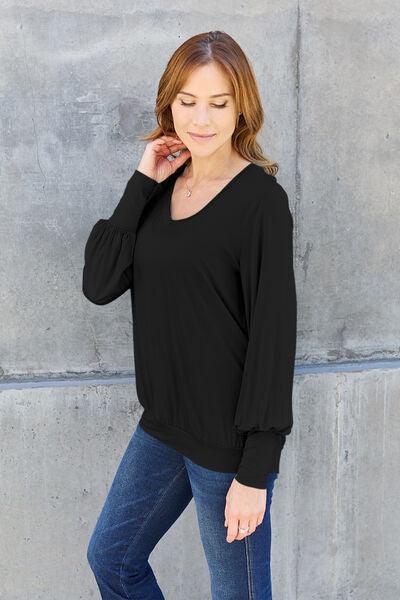 Get trendy with Full Size V-Neck Lantern Sleeve Blouse - Blouse available at Styles Code. Grab yours today!