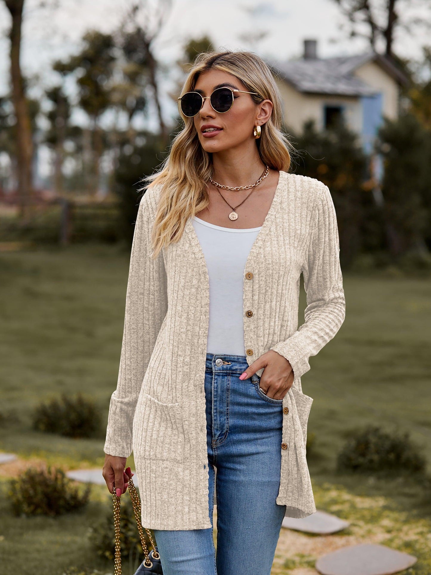 Get trendy with Ribbed Button-UP Cardigan with Pockets - Tops available at Styles Code. Grab yours today!