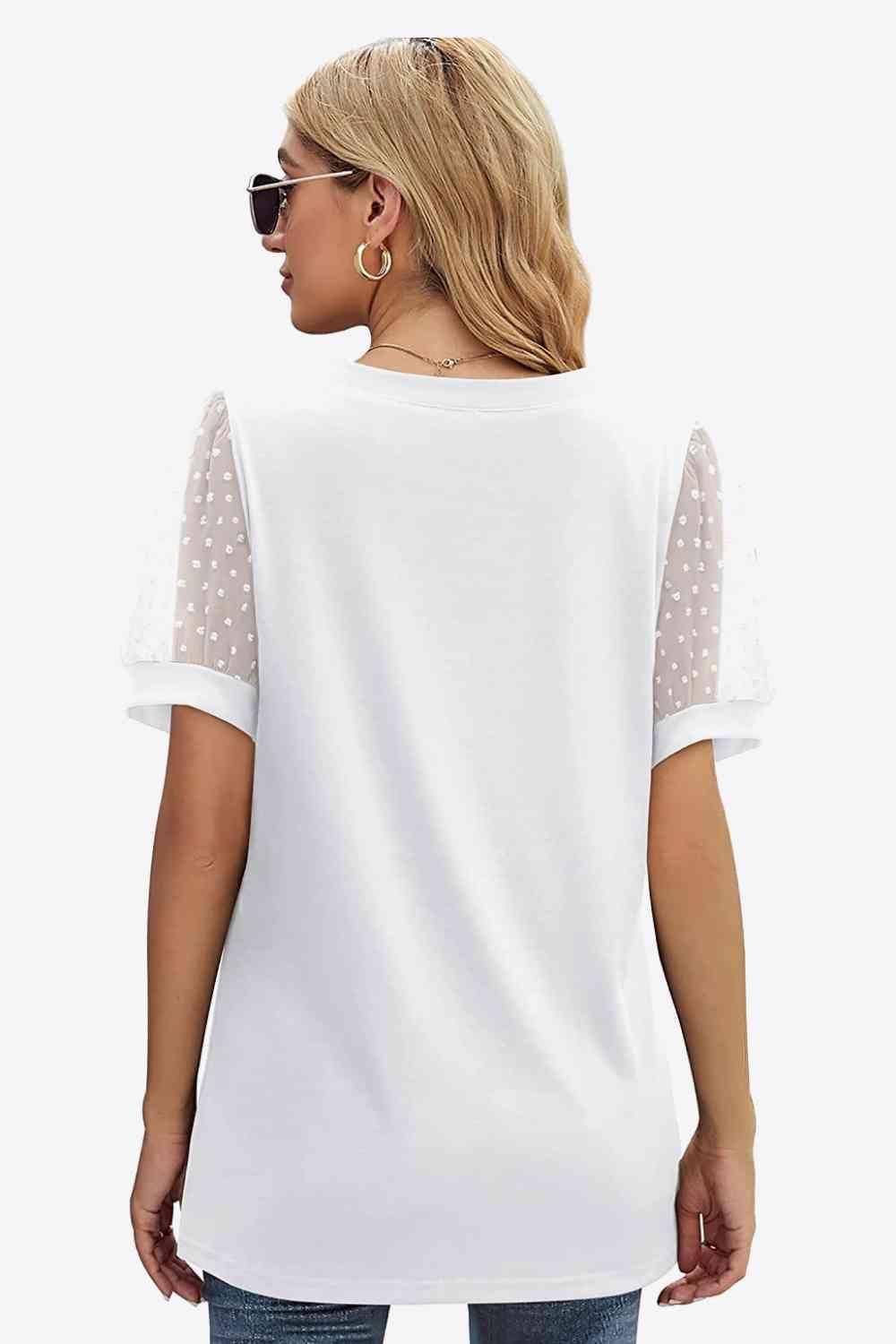 Get trendy with Swiss Dot Puff Sleeve V-Neck Tee - T-Shirt available at Styles Code. Grab yours today!