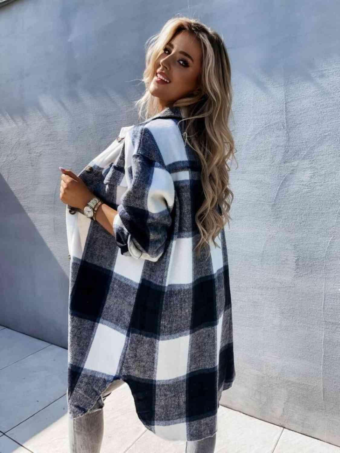 Get trendy with Plaid Collared Neck Longline Shirt - Shirt available at Styles Code. Grab yours today!
