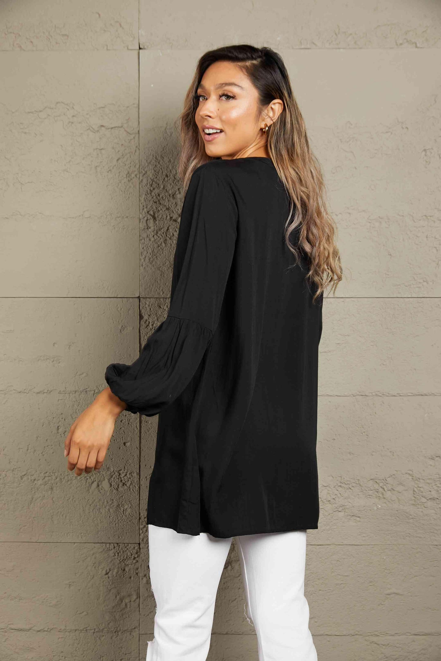 Get trendy with Notched Neck Balloon Sleeve Shirt - Shirt available at Styles Code. Grab yours today!