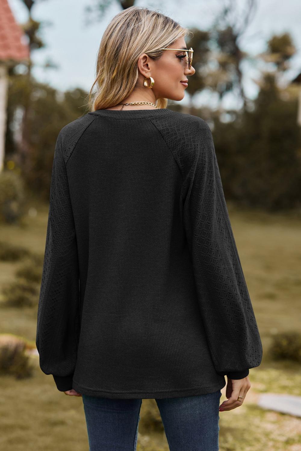 Get trendy with Notched Neck Raglan Sleeve Blouse - Tops available at Styles Code. Grab yours today!