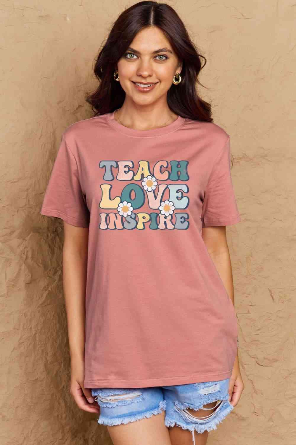 Get trendy with Full Size TEACH LOVE INSPIRE Graphic Cotton T-Shirt - T-Shirt available at Styles Code. Grab yours today!