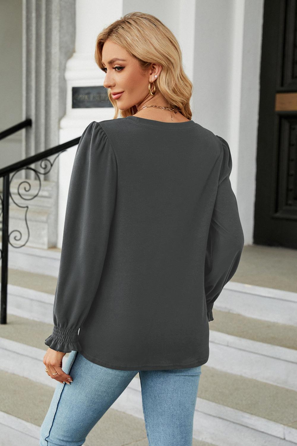 Get trendy with Round Neck Smocked Flounce Sleeve Blouse - Tops available at Styles Code. Grab yours today!