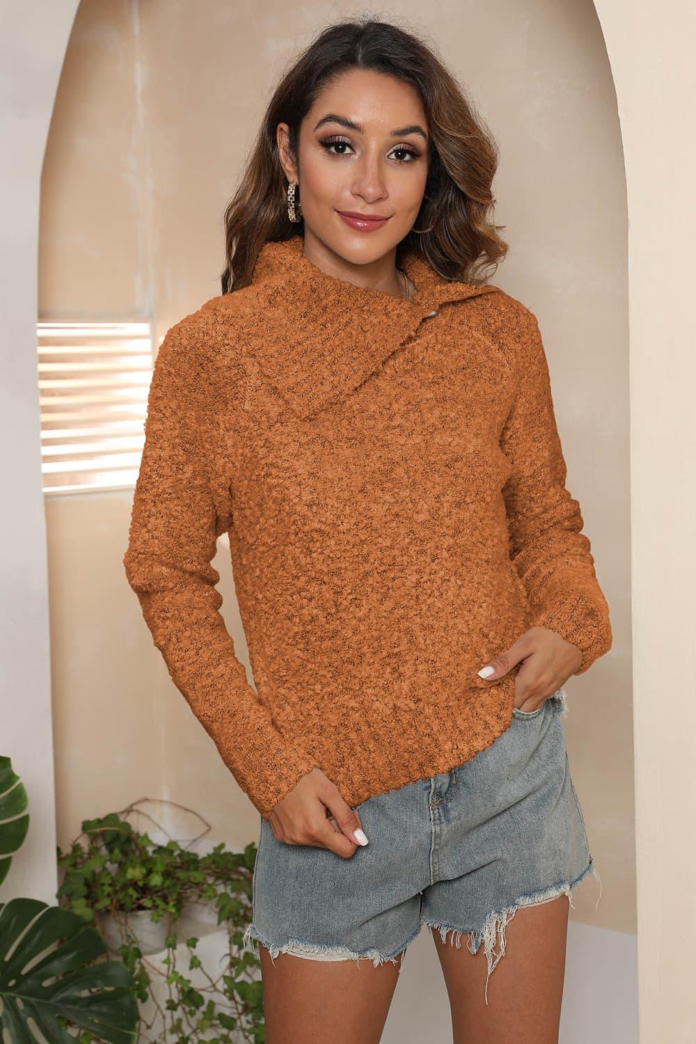 Get trendy with Asymmetrical Neck Long Sleeve Pullover Sweater - Sweater available at Styles Code. Grab yours today!