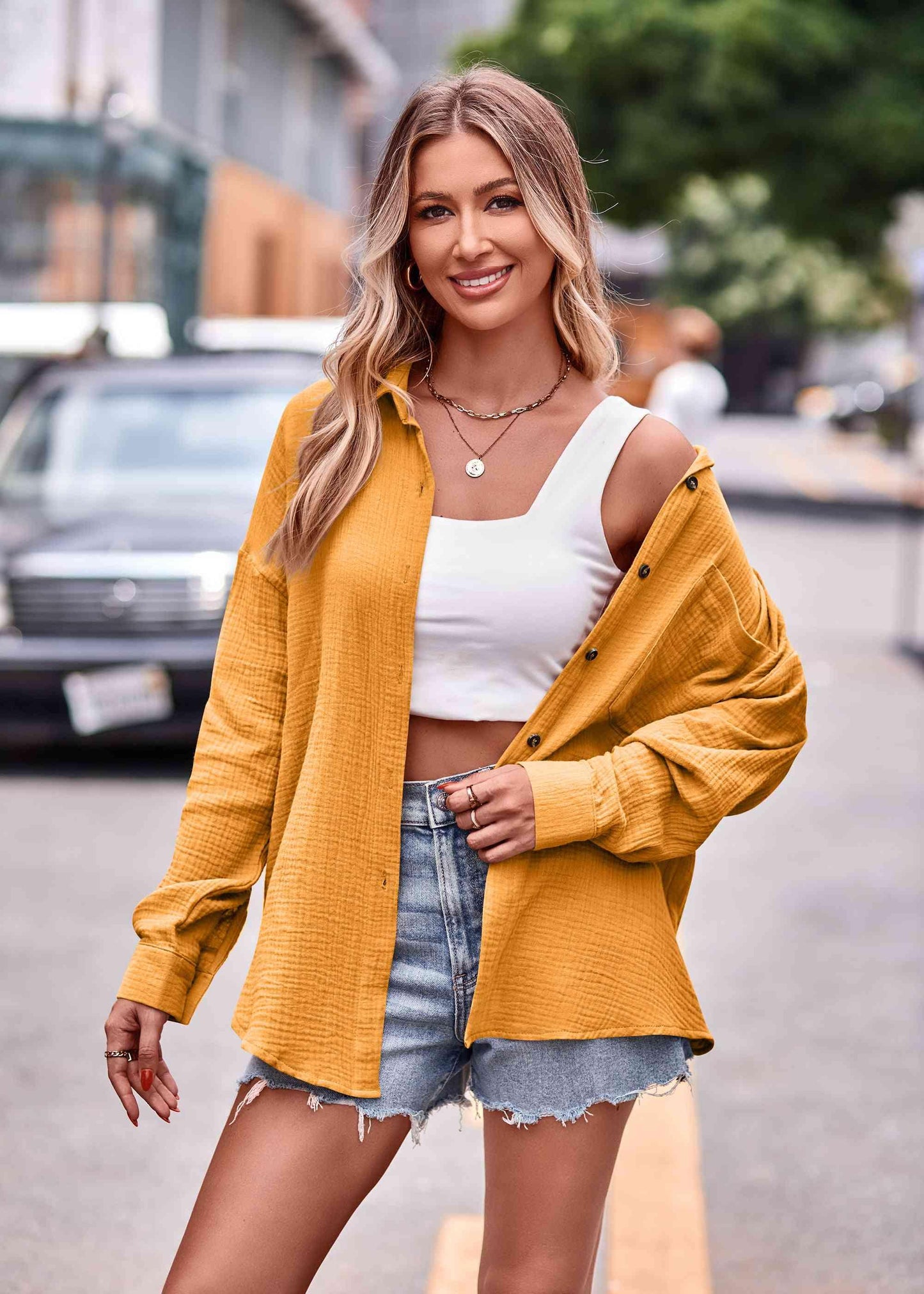 Get trendy with Textured Dropped Shoulder Longline Shirt - Shirt available at Styles Code. Grab yours today!