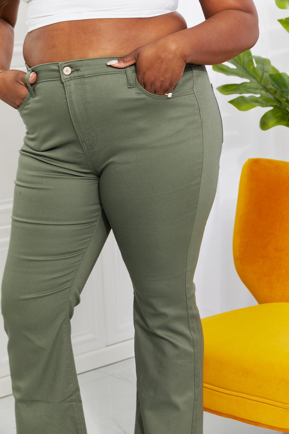 Get trendy with Full Size High-Rise Bootcut Jeans in Olive - Jeans available at Styles Code. Grab yours today!