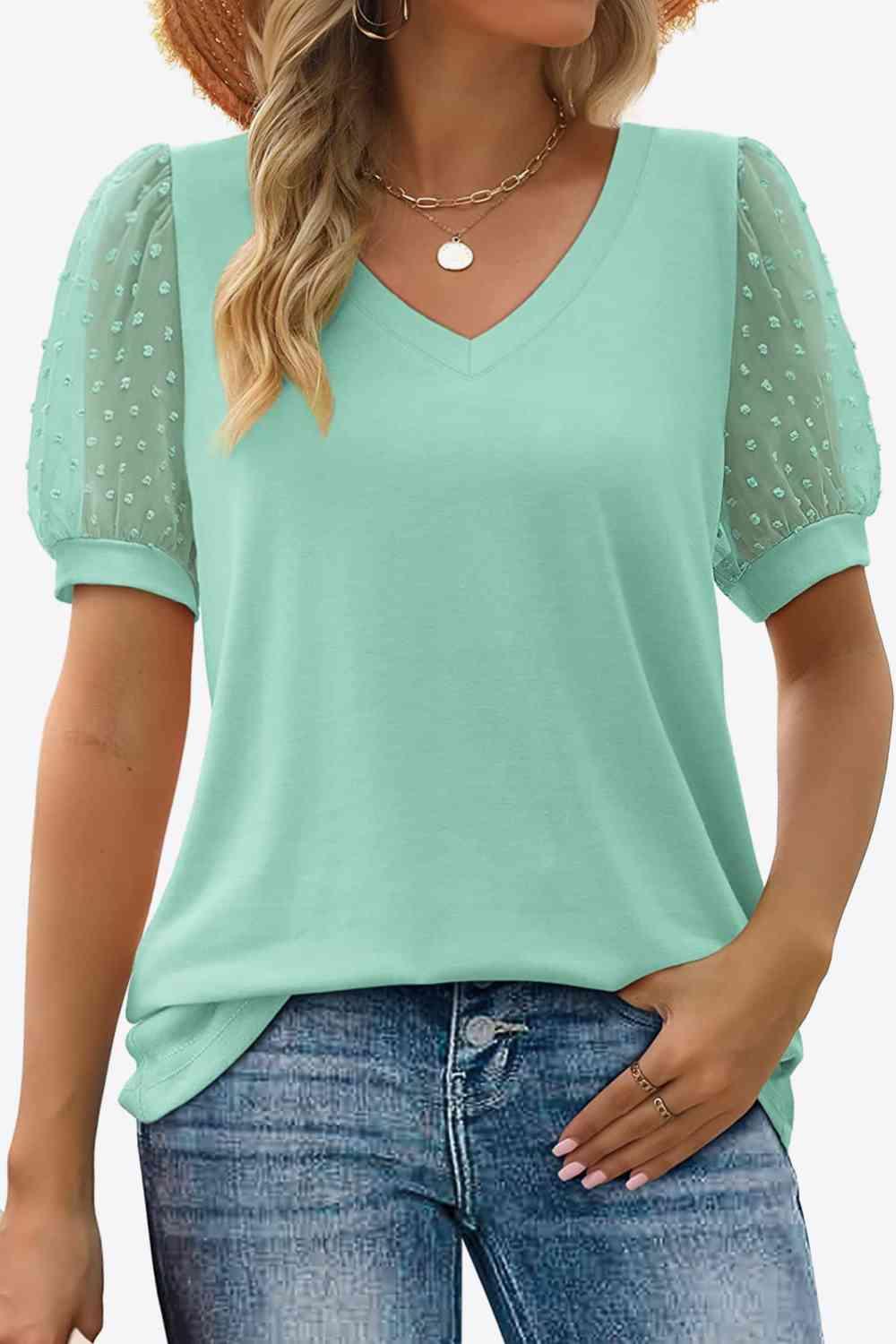 Get trendy with Swiss Dot Puff Sleeve V-Neck Tee - T-Shirt available at Styles Code. Grab yours today!