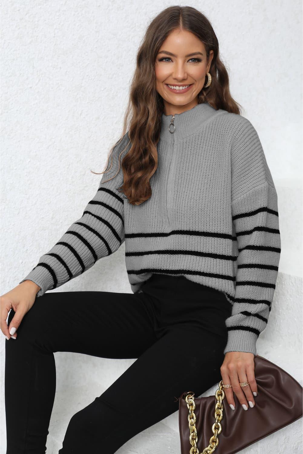 Get trendy with Mock Neck Long Sleeve Zip-Up Sweater - Sweater available at Styles Code. Grab yours today!