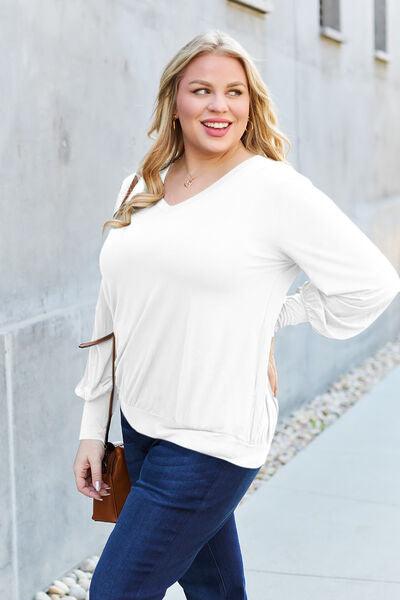 Get trendy with Full Size V-Neck Lantern Sleeve Blouse - Blouse available at Styles Code. Grab yours today!