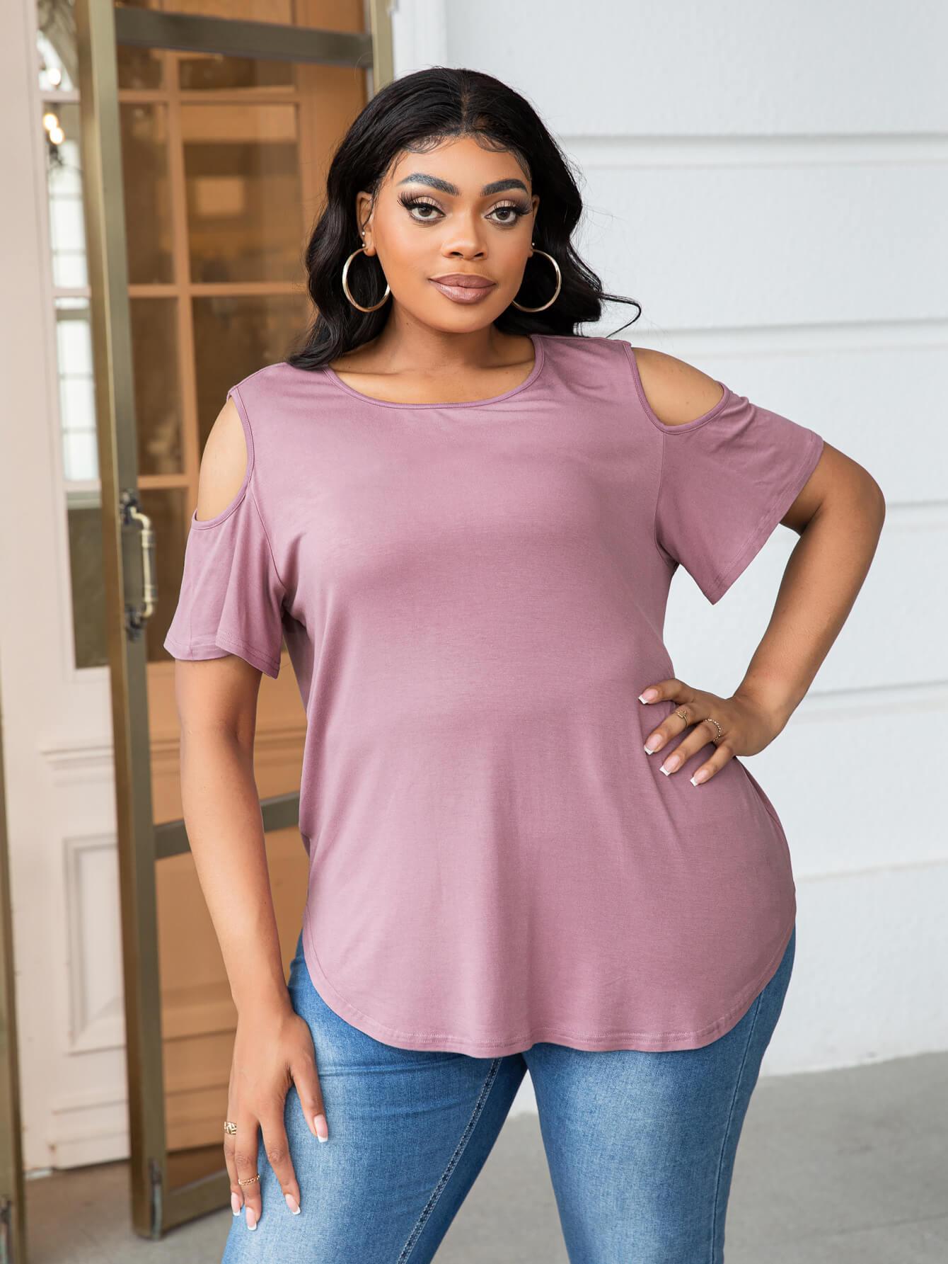 Get trendy with Plus Size Cold-Shoulder Round Neck Curved Hem Tee - Plus Size available at Styles Code. Grab yours today!