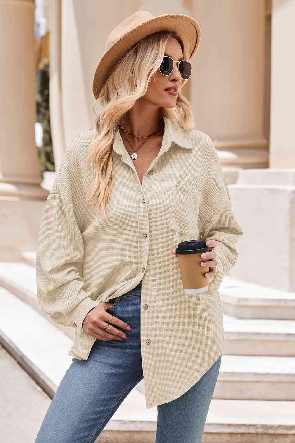 Get trendy with Collared Neck Dropped Shoulder Shirt - Shirt available at Styles Code. Grab yours today!