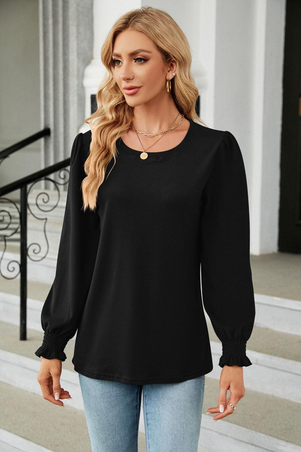 Get trendy with Round Neck Smocked Flounce Sleeve Blouse - Tops available at Styles Code. Grab yours today!