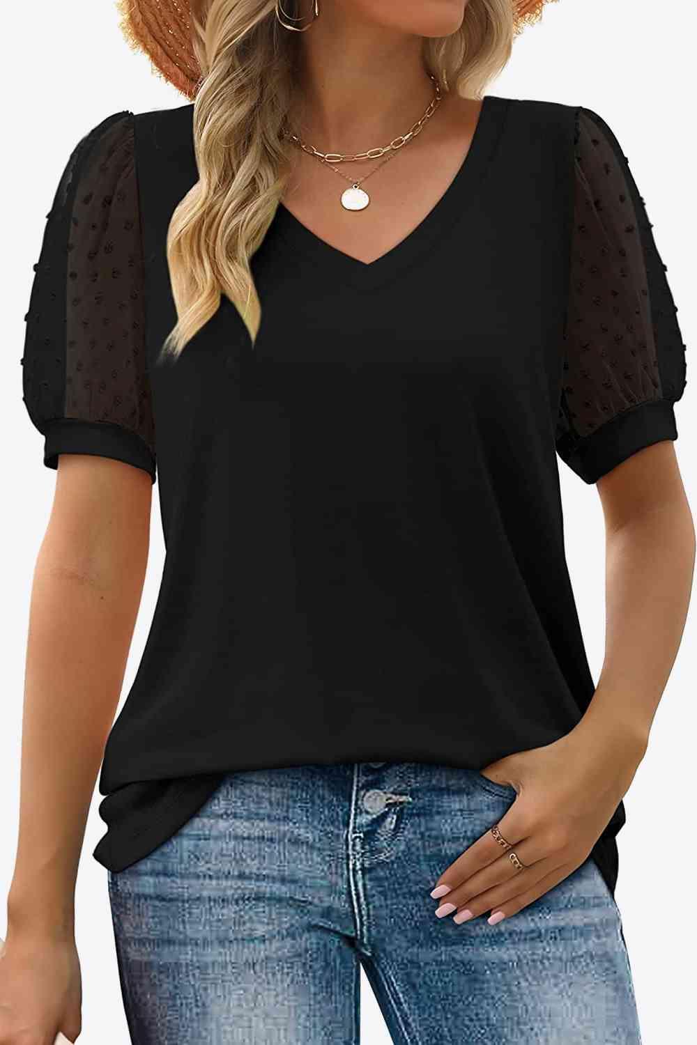 Get trendy with Swiss Dot Puff Sleeve V-Neck Tee - T-Shirt available at Styles Code. Grab yours today!