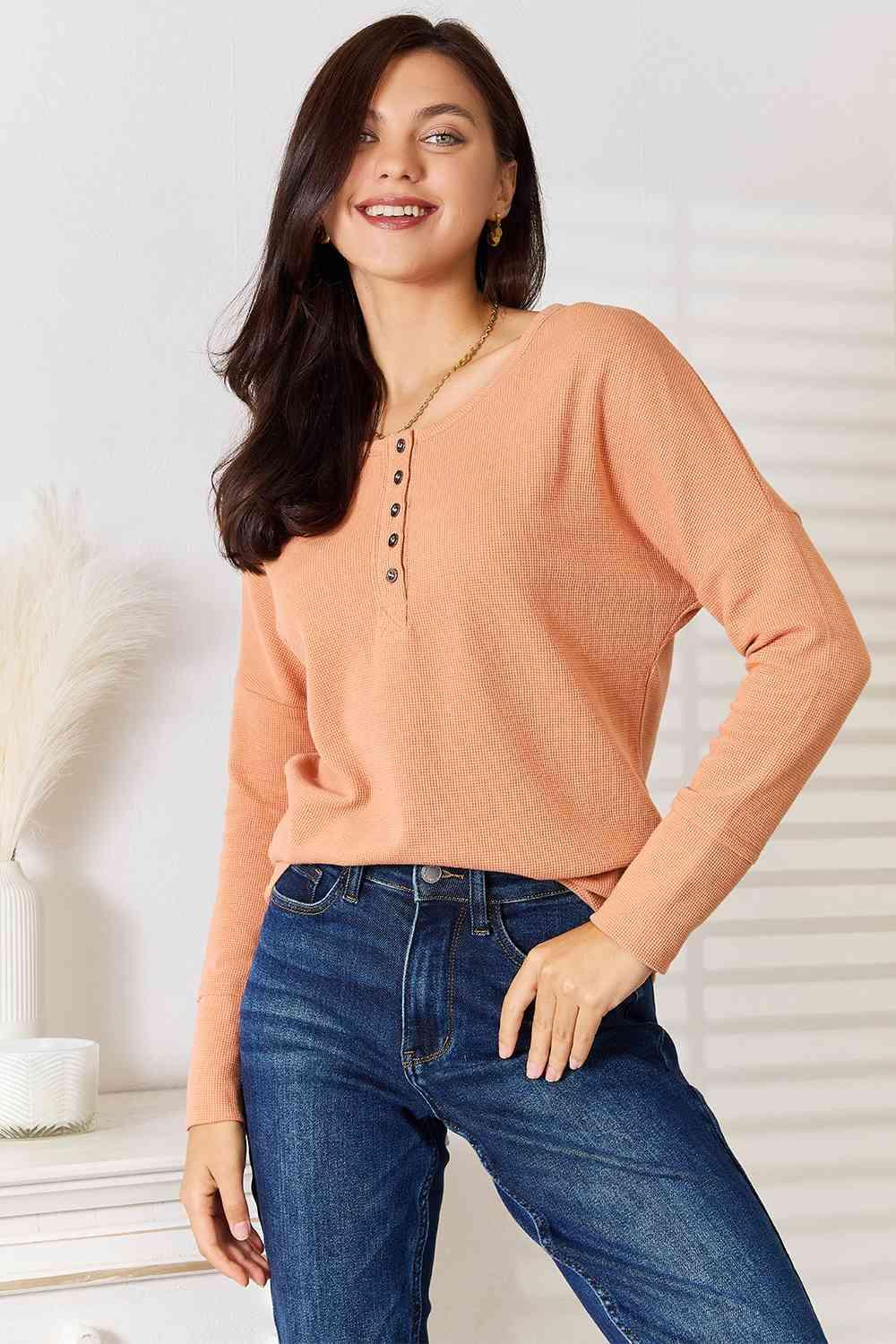 Get trendy with Half Button Long Sleeve Top - Tops available at Styles Code. Grab yours today!