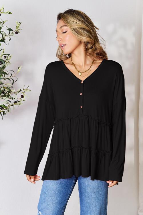 Get trendy with Half Button Ruffle Hem Blouse - Blouse available at Styles Code. Grab yours today!