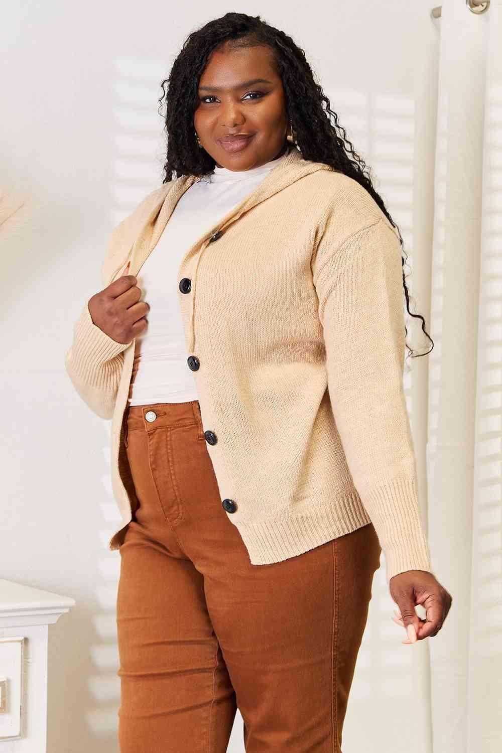 Get trendy with Button-Down Long Sleeve Hooded Sweater - Sweater available at Styles Code. Grab yours today!