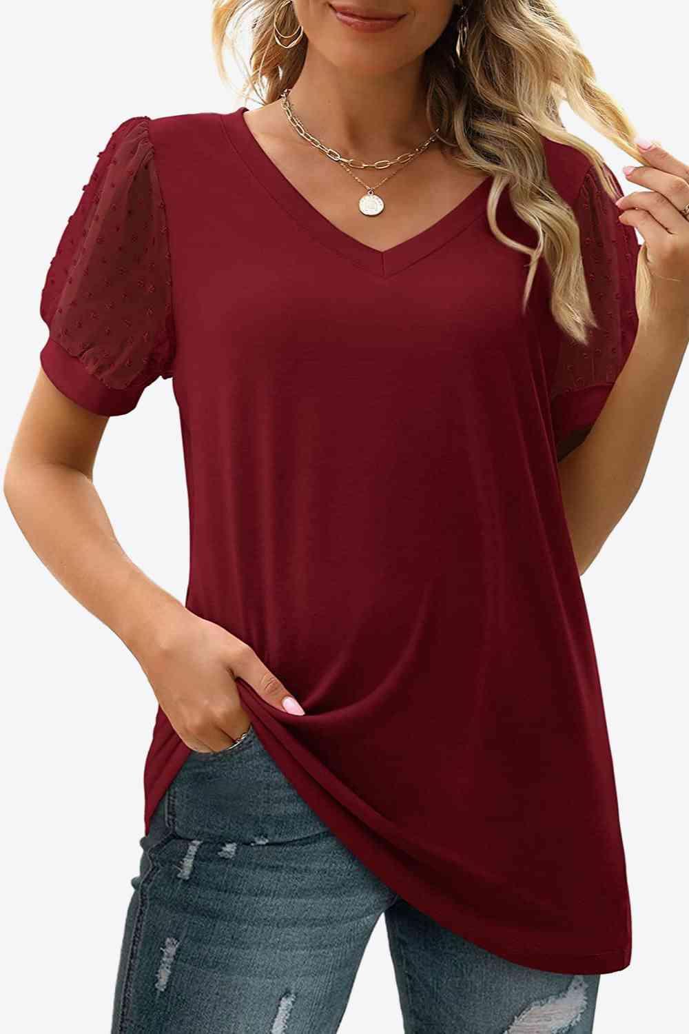 Get trendy with Swiss Dot Puff Sleeve V-Neck Tee - T-Shirt available at Styles Code. Grab yours today!