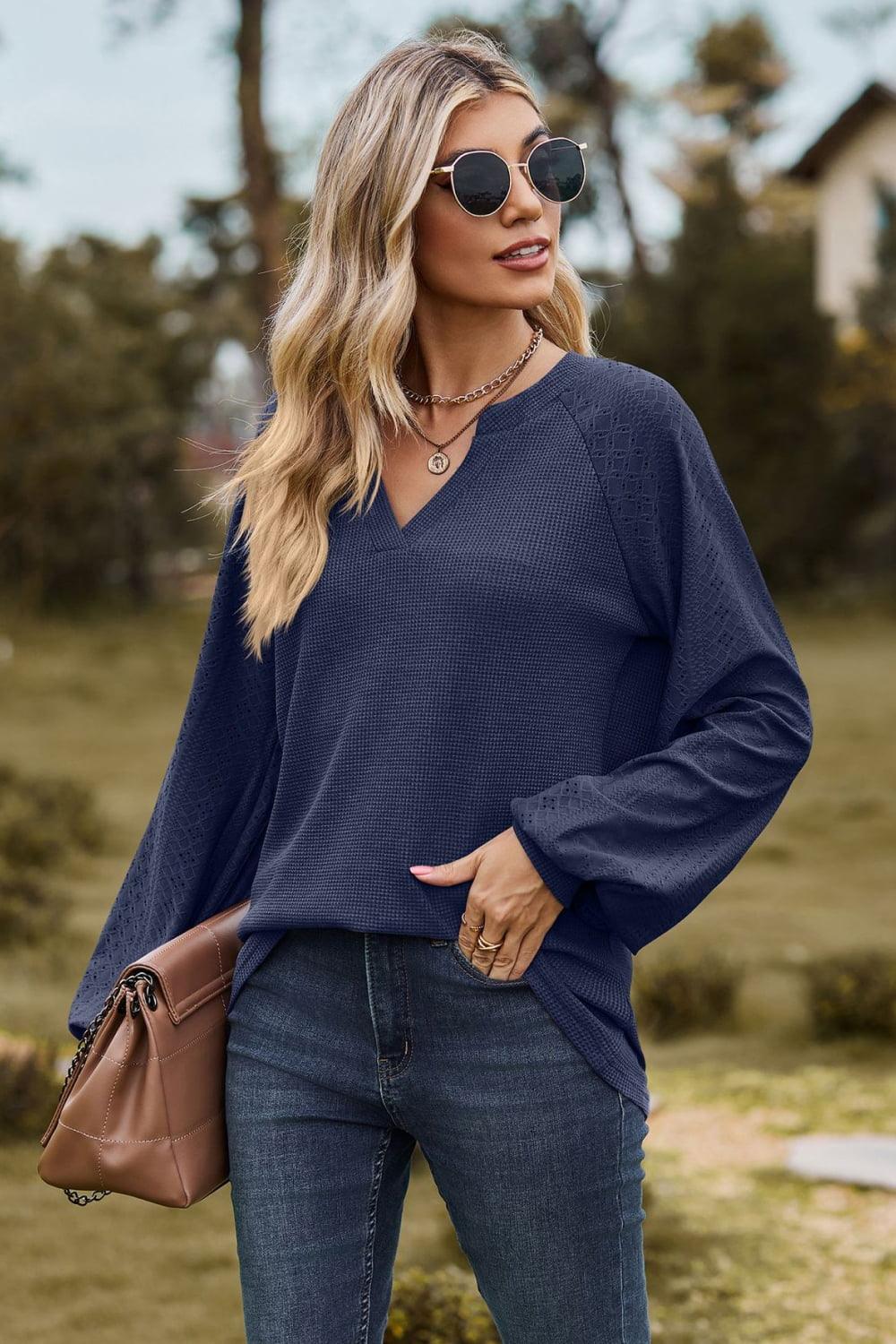 Get trendy with Notched Neck Raglan Sleeve Blouse - Tops available at Styles Code. Grab yours today!