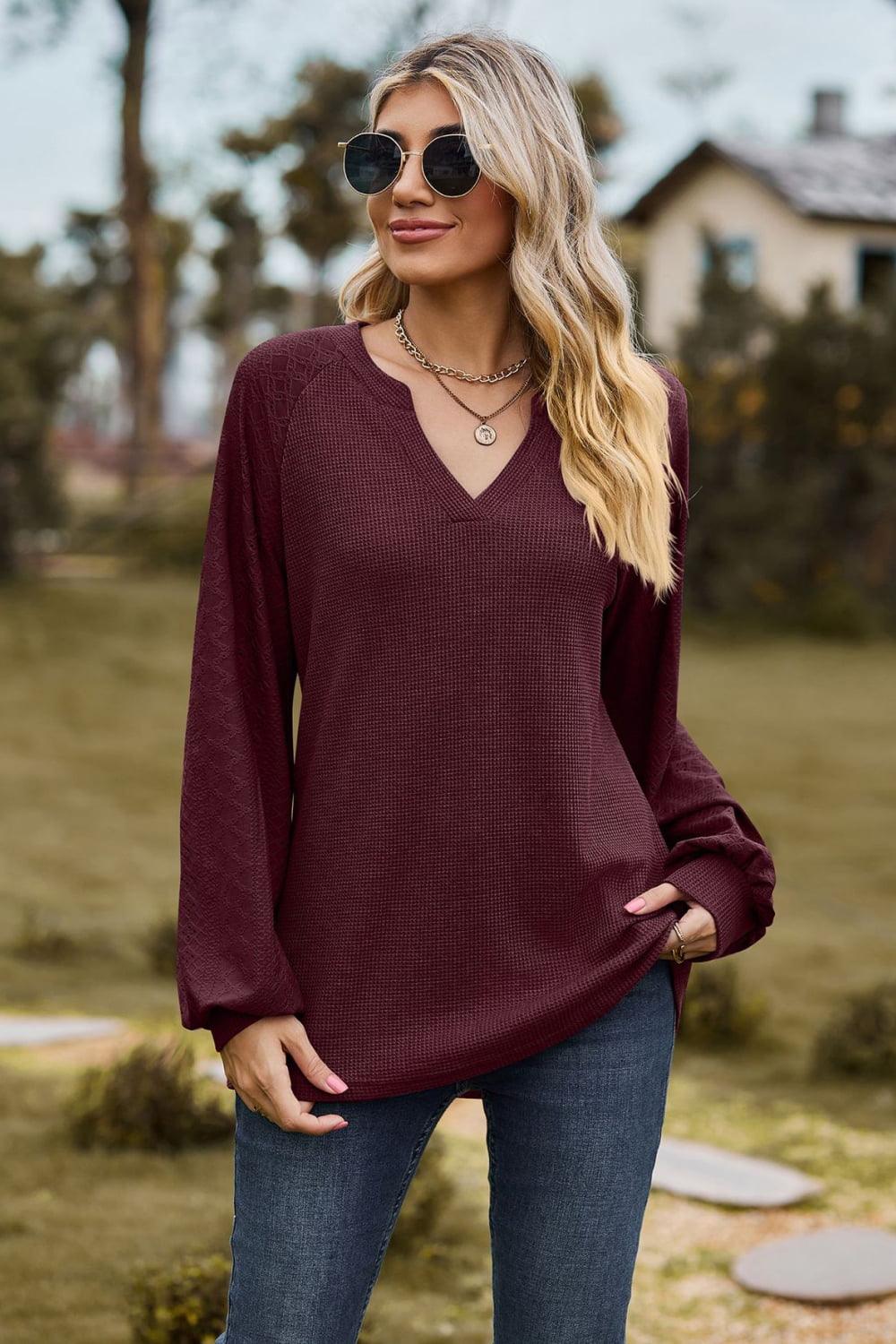 Get trendy with Notched Neck Raglan Sleeve Blouse - Tops available at Styles Code. Grab yours today!