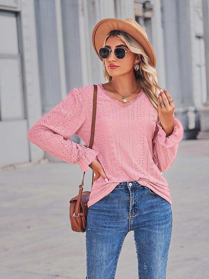 Get trendy with V-Neck Flounce Sleeve Blouse - Tops available at Styles Code. Grab yours today!
